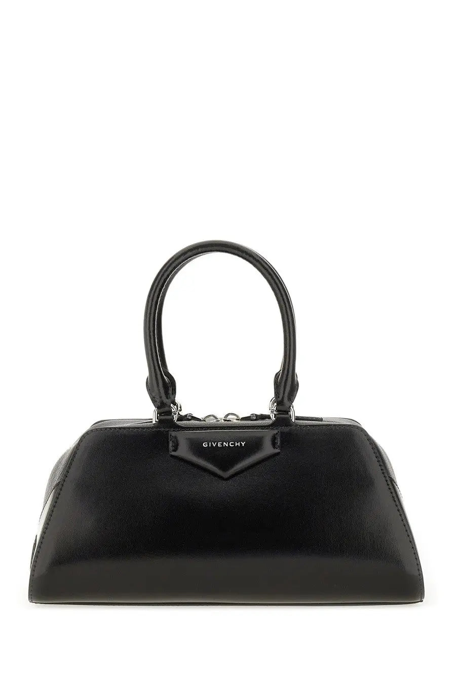 Black Givenchy women’s Antigona East West bag small with glossy leather finish and structured rounded silhouette