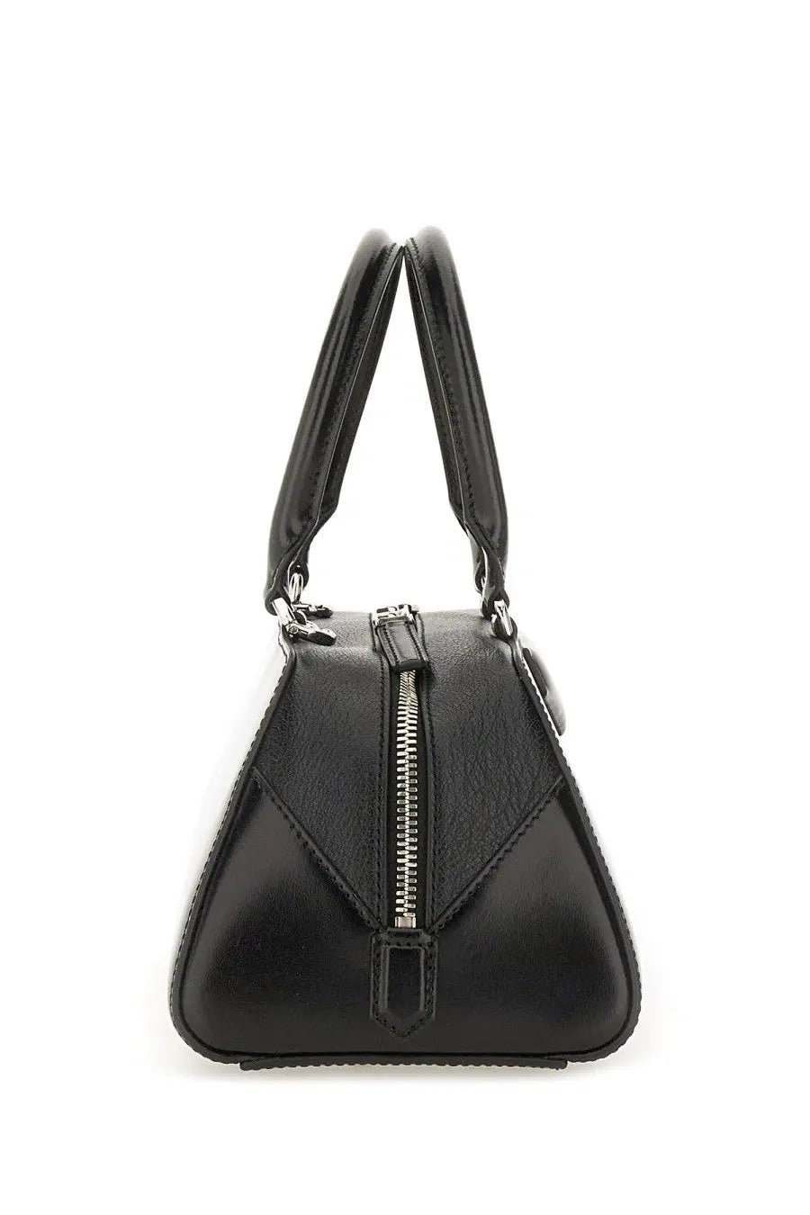 Givenchy women’s Antigona East West small black leather handbag with structured triangular shape and silver zipper closure