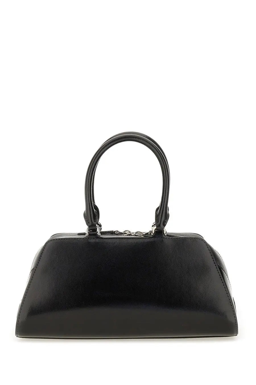 Givenchy women’s Antigona East West small black patent leather satchel with curved top handles and silver hardware