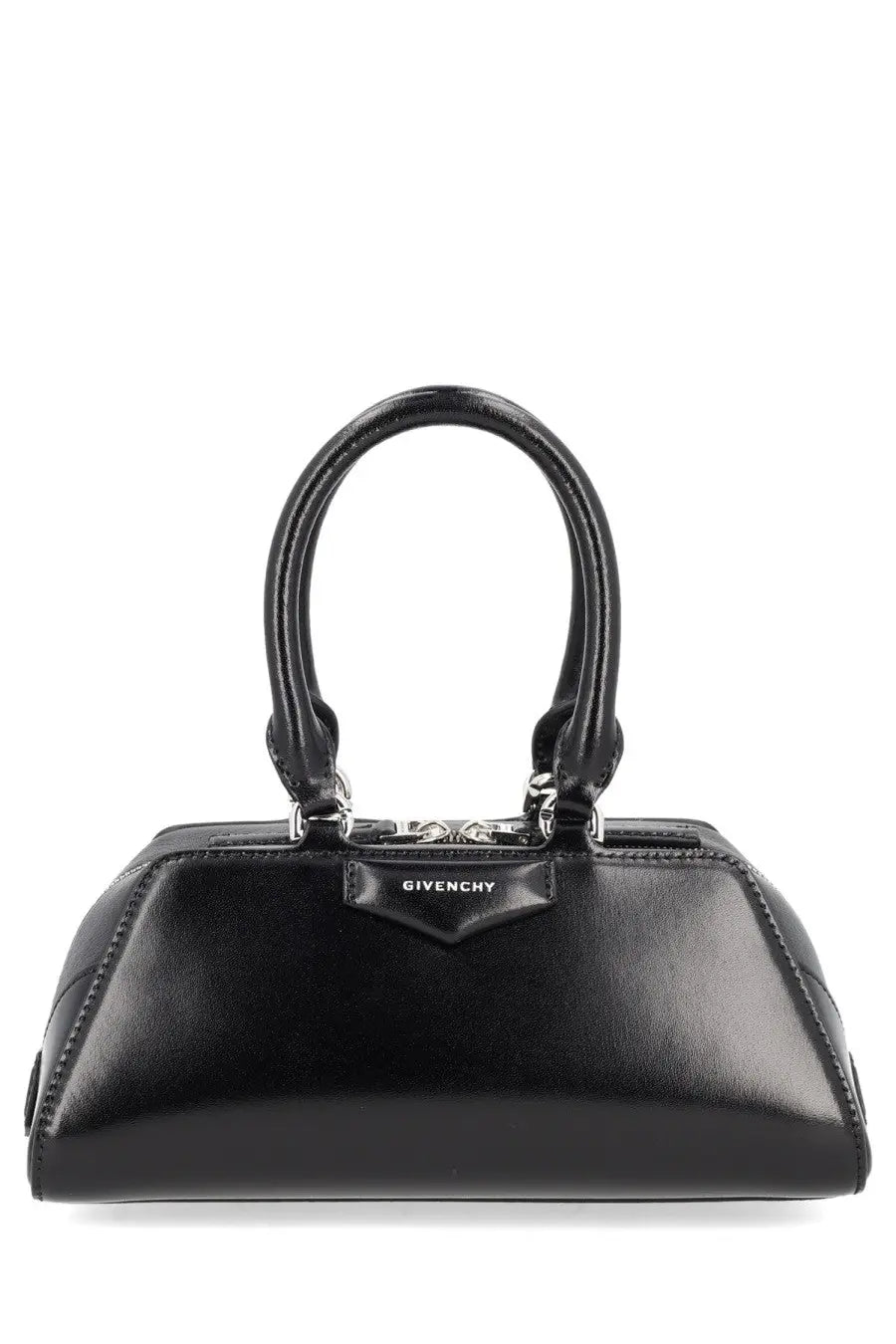 Black Givenchy women’s Antigona East West mini bag with glossy leather and silver hardware