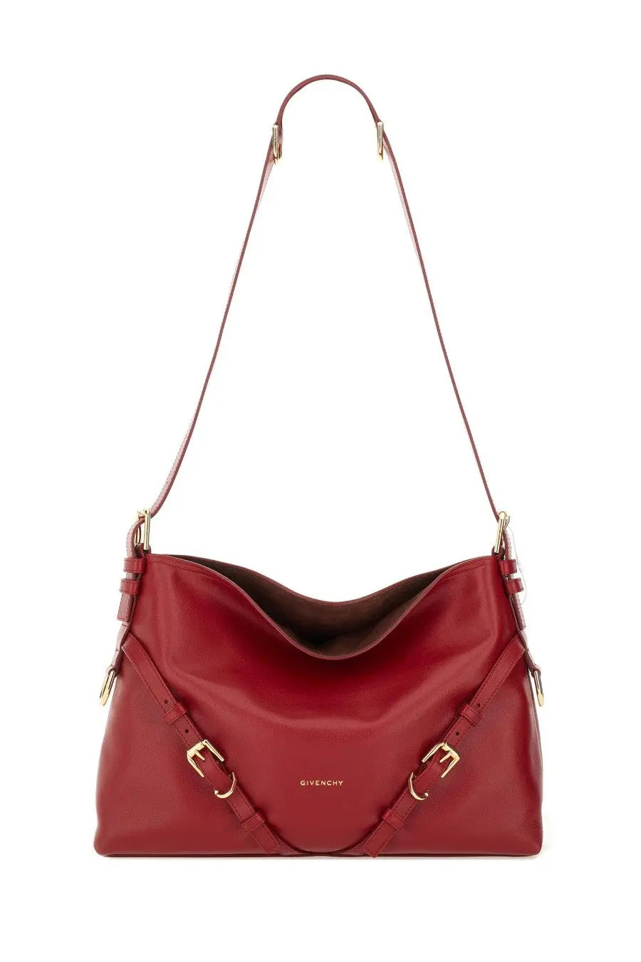 A sleek burgundy leather Givenchy women’s Voyou medium bag with gold-tone hardware and a structured soft silhouette