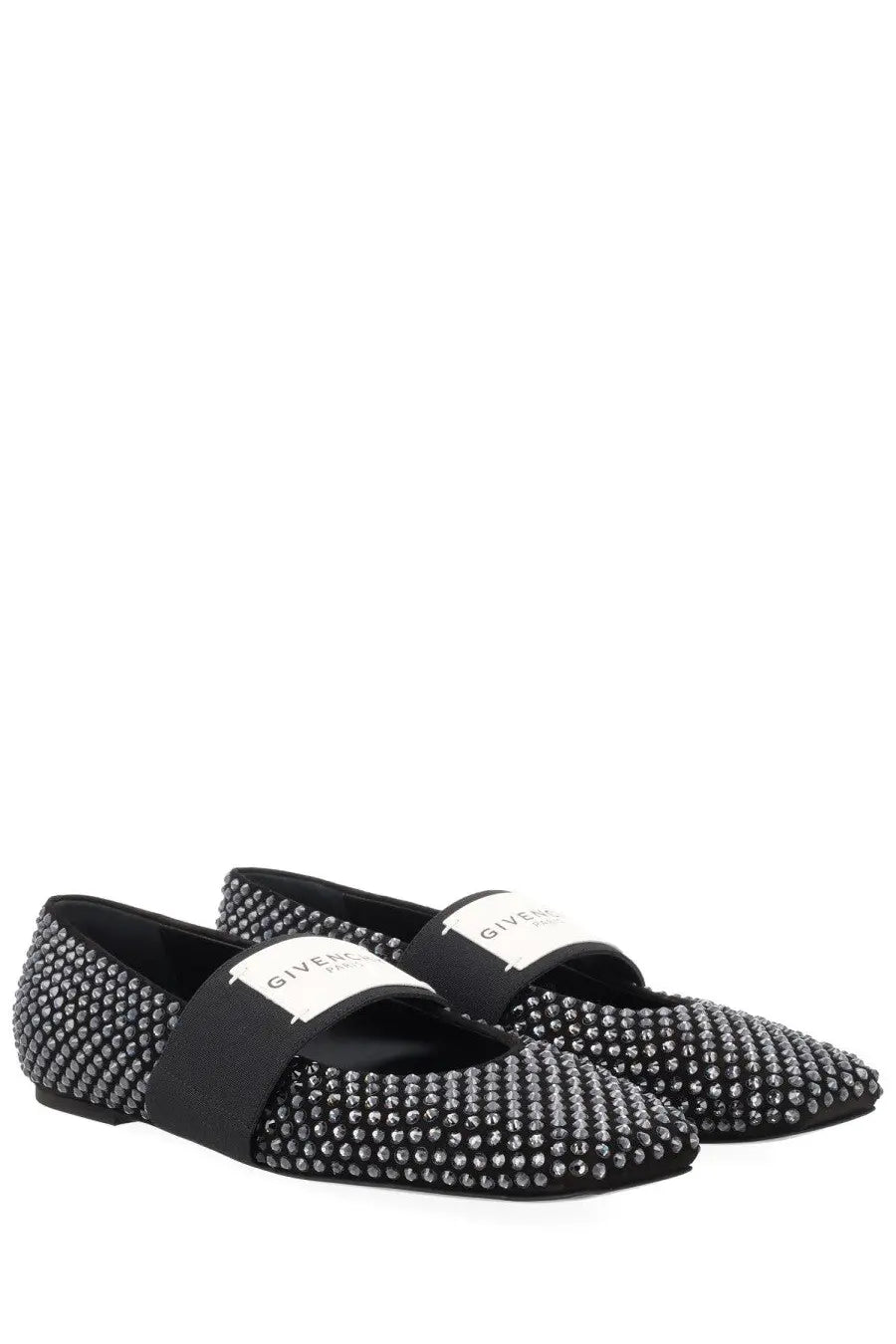 Givenchy women’s ballerina con patch black flats with dense silver studs and black elastic strap across instep