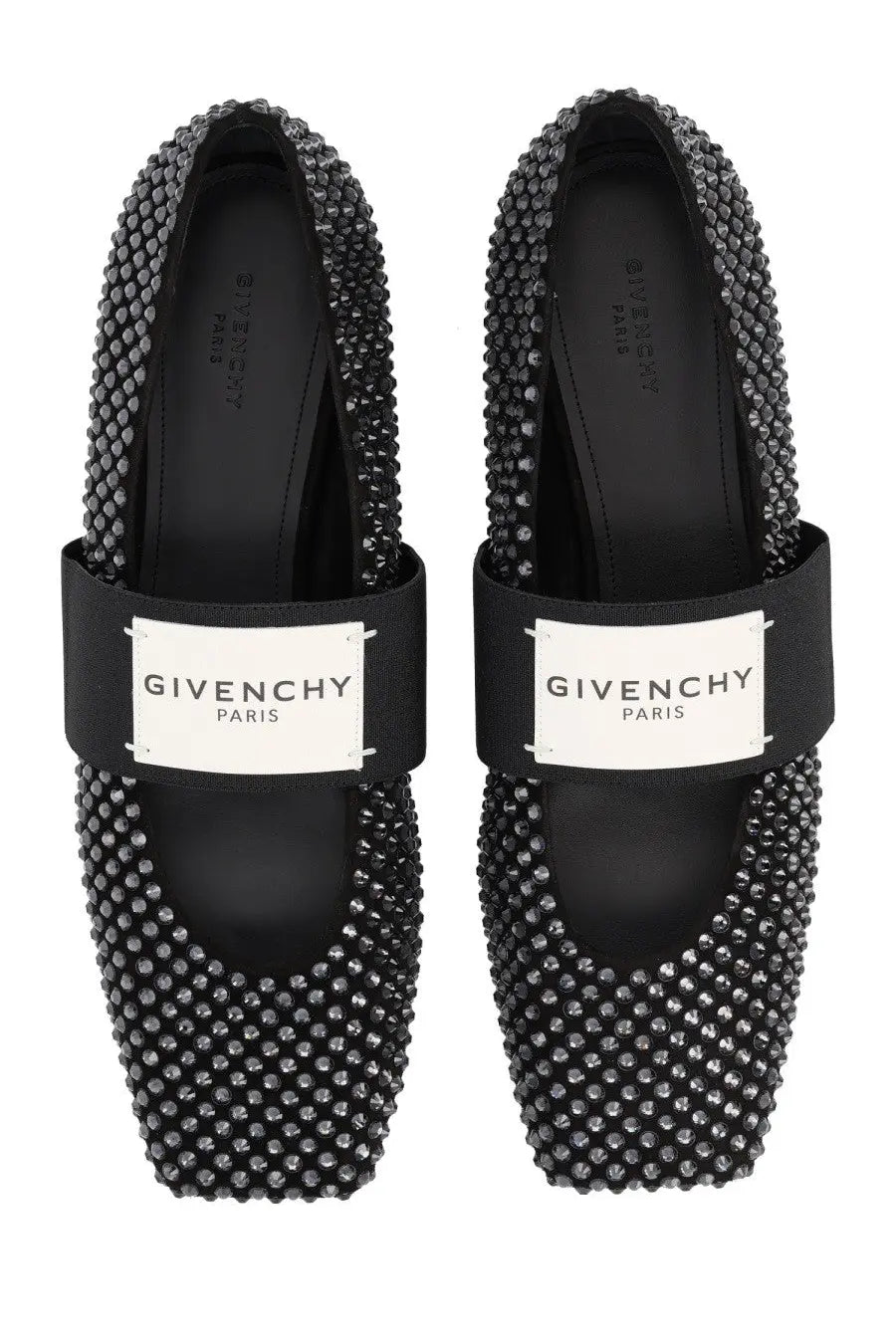 Givenchy womens ballerina con patch black loafers with sparkling silver studs and a sleek black elastic strap with logo plaque