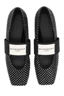 Givenchy womens ballerina con patch black loafers with sparkling silver studs and a sleek black elastic strap with logo plaque