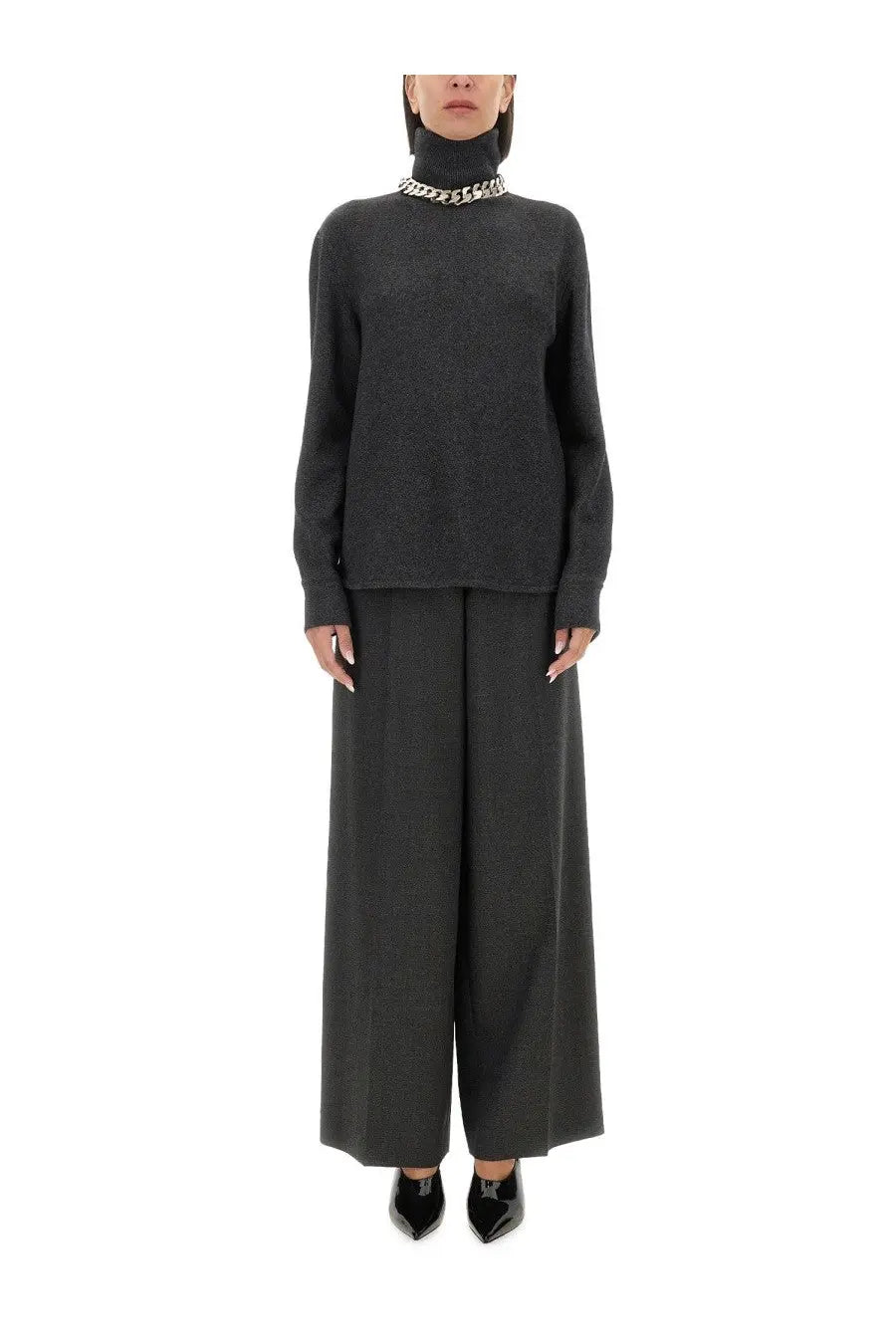 Givenchy women’s cashmere pullover grey with black high neck knit, textured pattern, and silver chain necklace detail