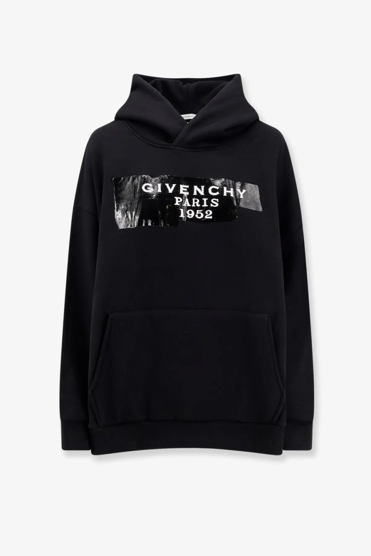 Givenchy women’s black cotton hooded sweatshirt with bold graphic print across the chest from paris 1952 collection