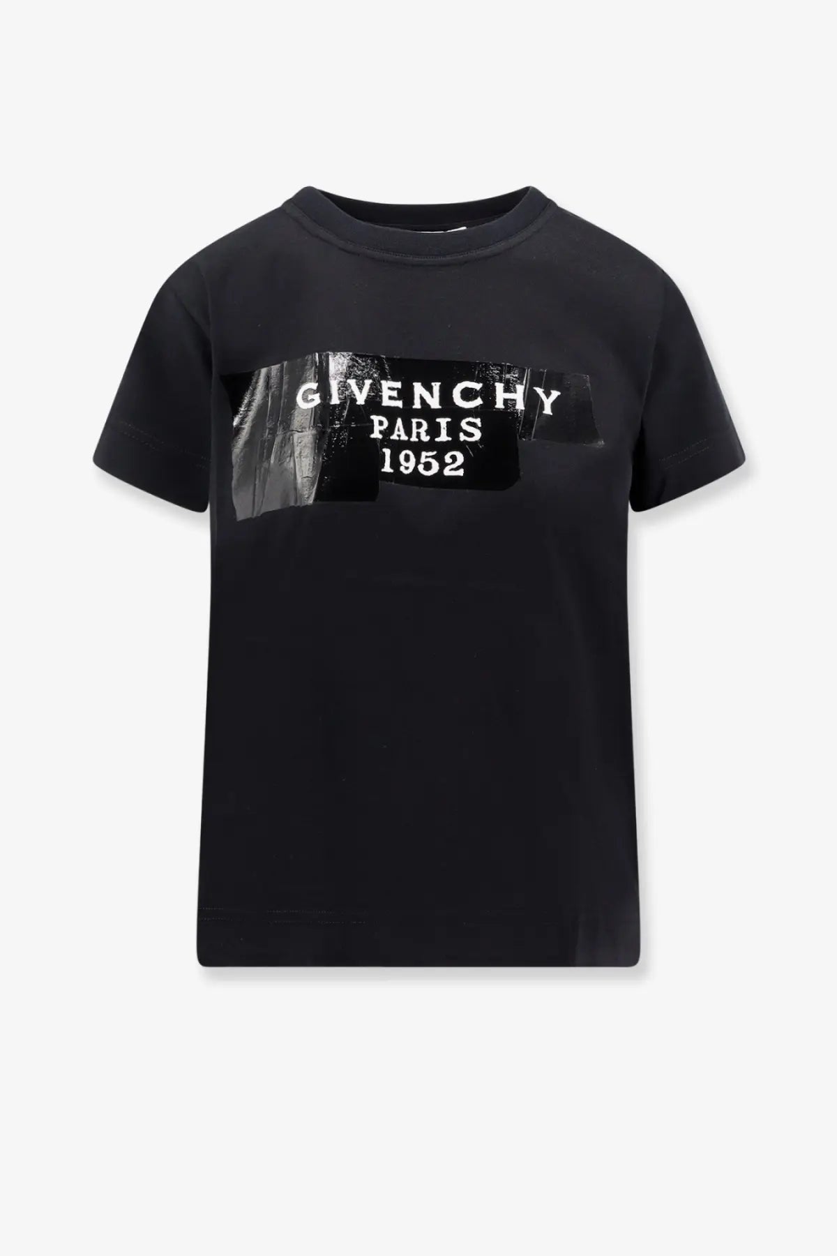 Givenchy women’s black cotton t-shirt featuring a bold distressed graphic print across the chest from Paris 1952 collection