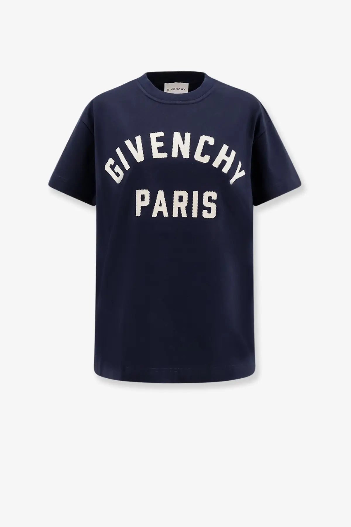 Givenchy women’s cotton t shirt in navy blue with bold white arched lettering across the chest