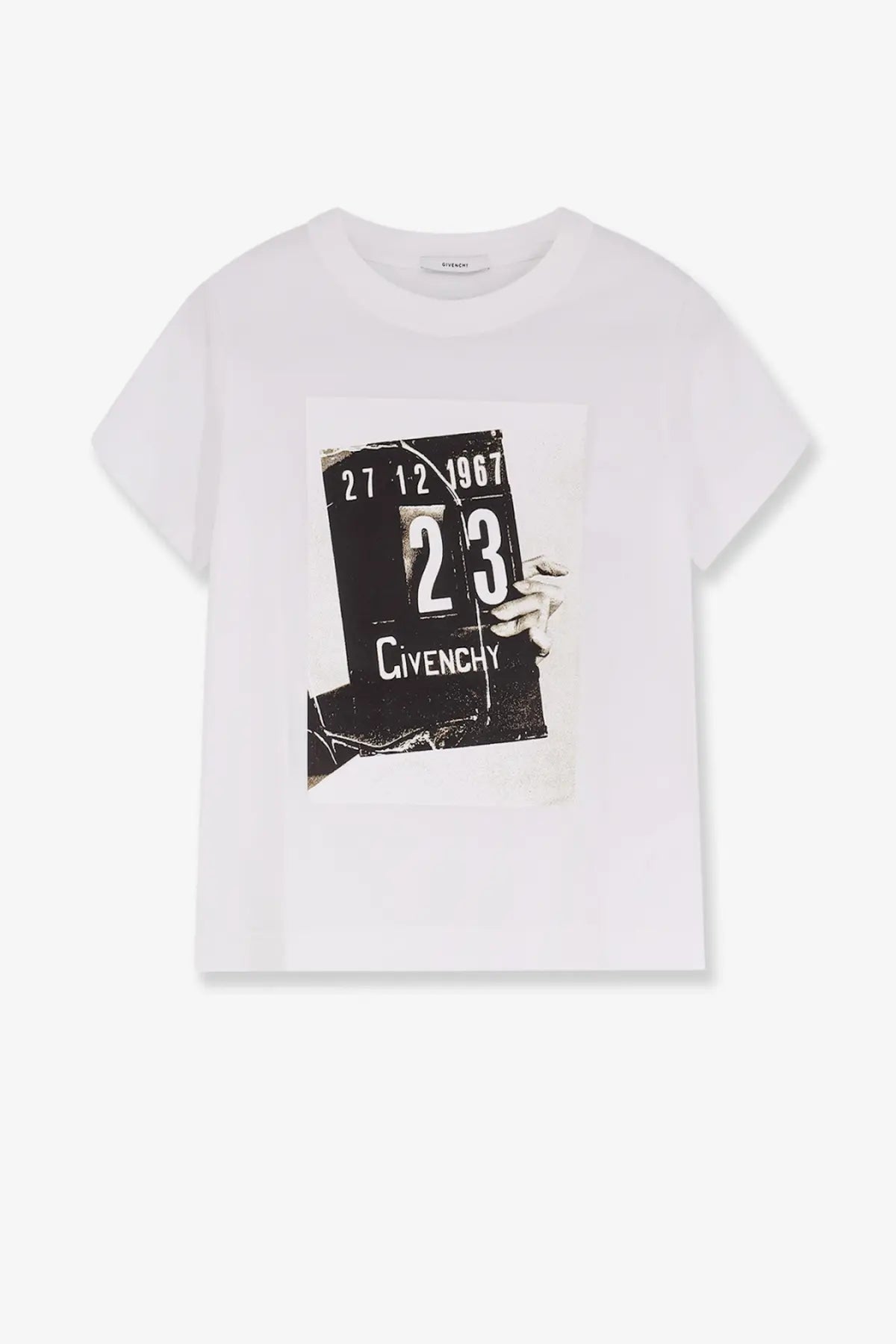 Givenchy women’s white cotton t-shirt with black and white vintage scoreboard graphic dated 27.12.1967 and number 23