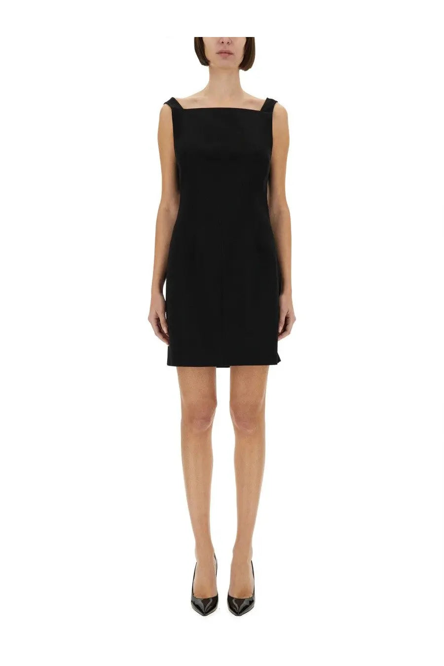Black sleeveless square neck mini dress made of crepe and satin by Givenchy for women