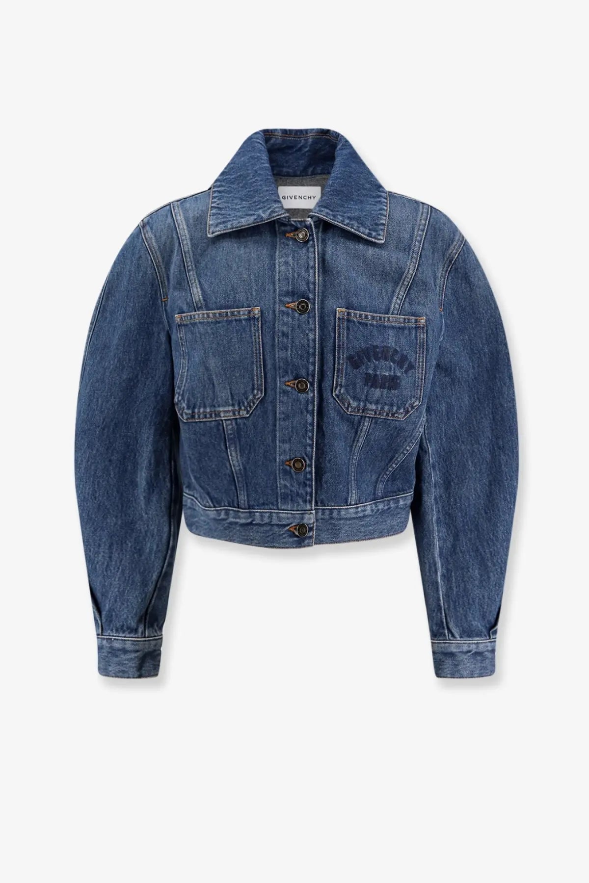 Givenchy women’s medium-wash blue denim jacket with classic collar front button closure and embroidered chest pockets