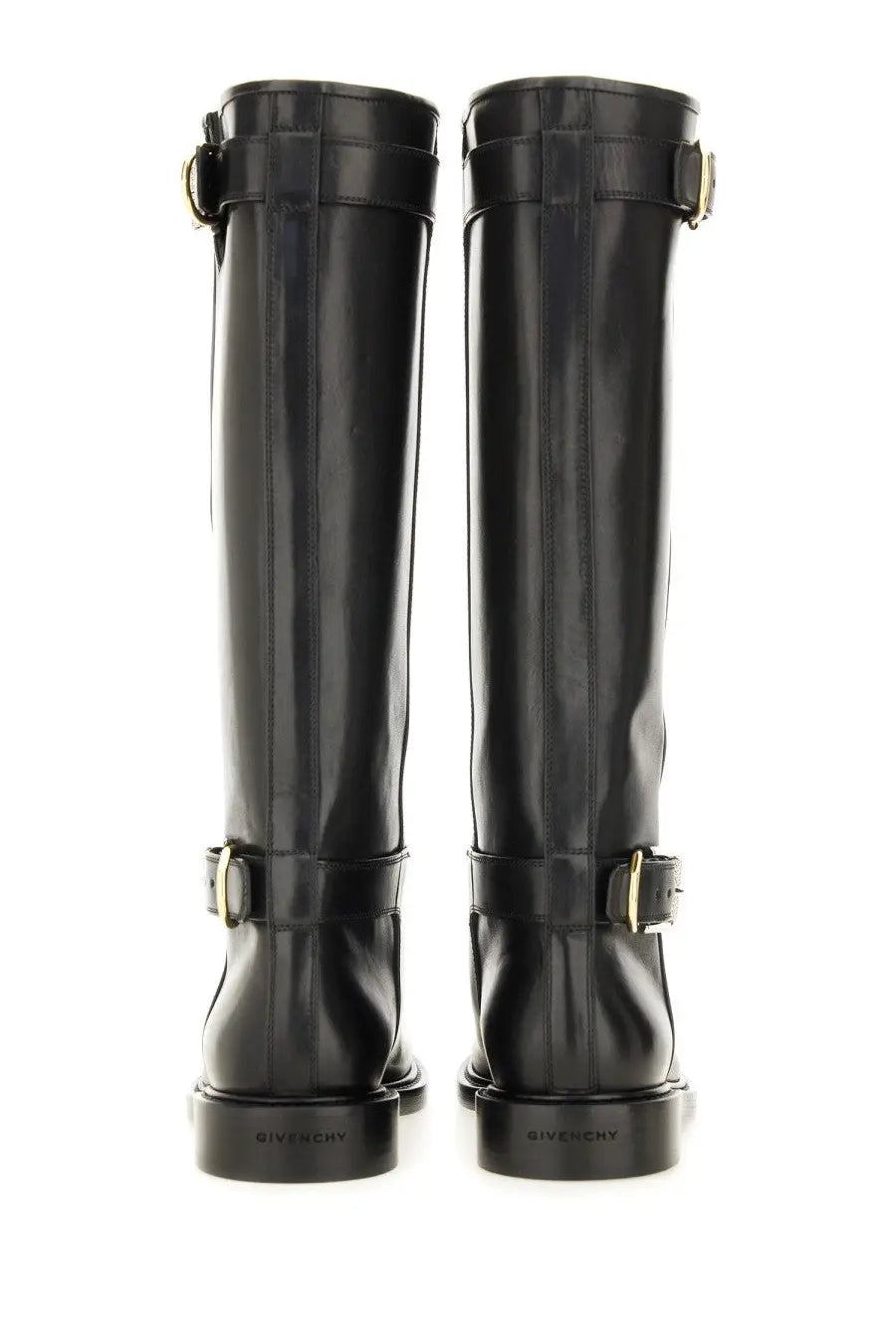Givenchy women’s flat boot voyou black knee-high leather boots with gold-tone buckles and chunky sole