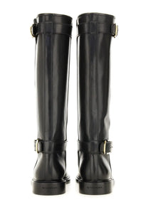 Givenchy women’s flat boot voyou black knee-high leather boots with gold-tone buckles and chunky sole