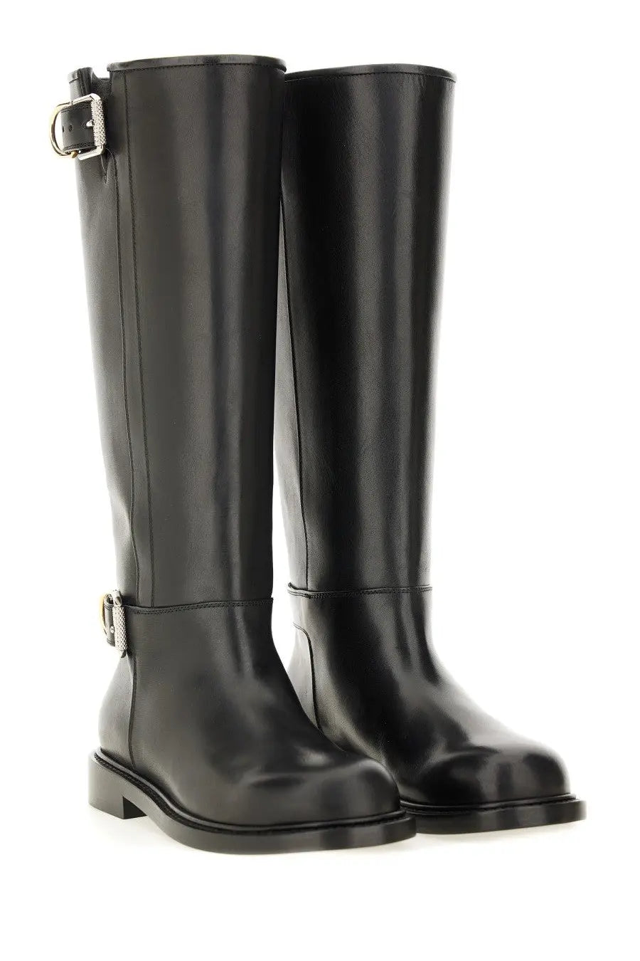 Givenchy women’s black leather knee-high flat boots with silver-toned buckle details and voyou design