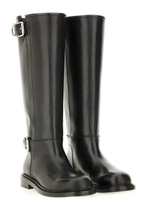 Givenchy women’s black leather knee-high flat boots with silver-toned buckle details and voyou design