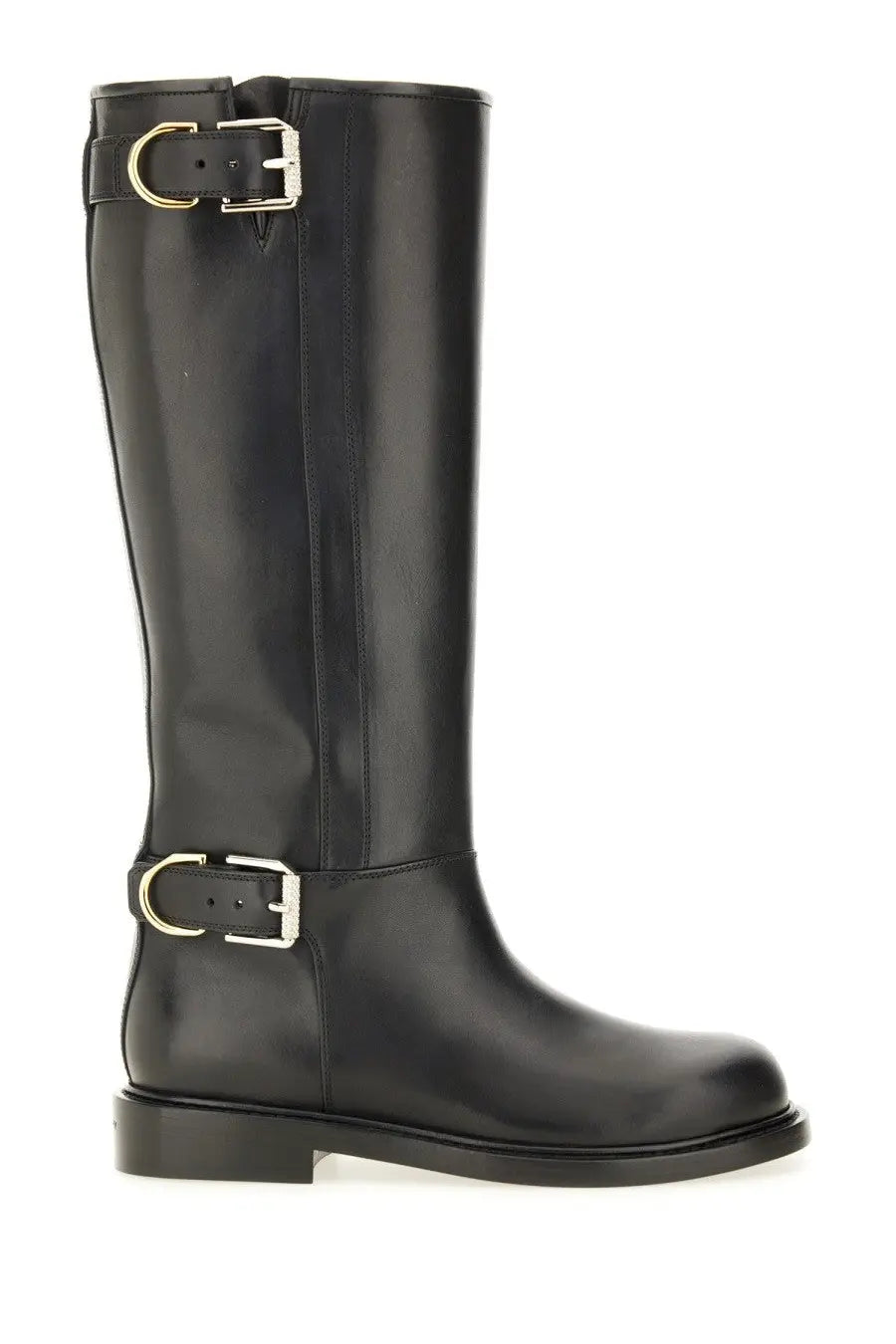 Givenchy women’s flat boot voyou black black leather knee-high boot with two gold-tone buckle straps