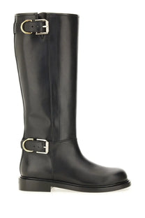 Givenchy women’s flat boot voyou black black leather knee-high boot with two gold-tone buckle straps