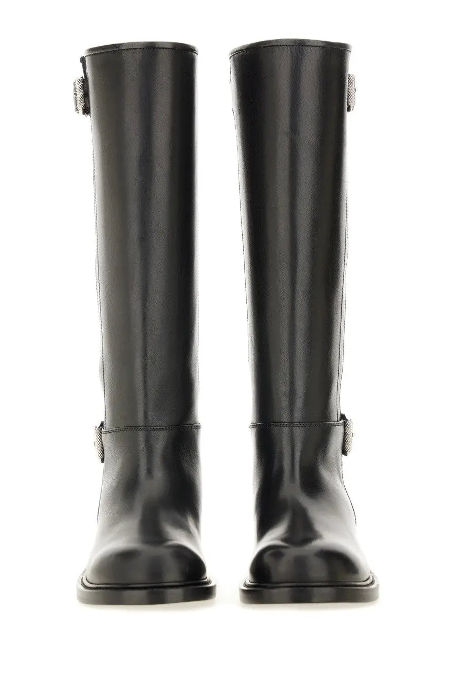 Givenchy women’s flat boot Voyou black black patent leather knee-high boots with silver-toned buckle accents
