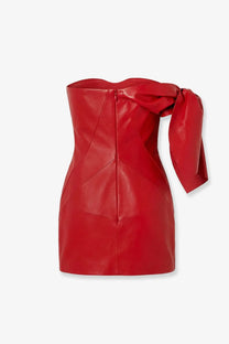 Givenchy women’s red leather bustier mini dress with glossy finish, structured corset back, and asymmetrical shoulder bow detail