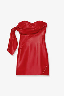 Givenchy women’s red leather bustier mini dress with vibrant satin fabric and draped knotted shoulder detail