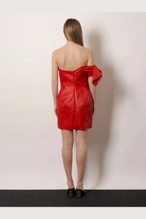 Givenchy women’s red leather bustier mini dress with strapless design and dramatic bow detail on the shoulder