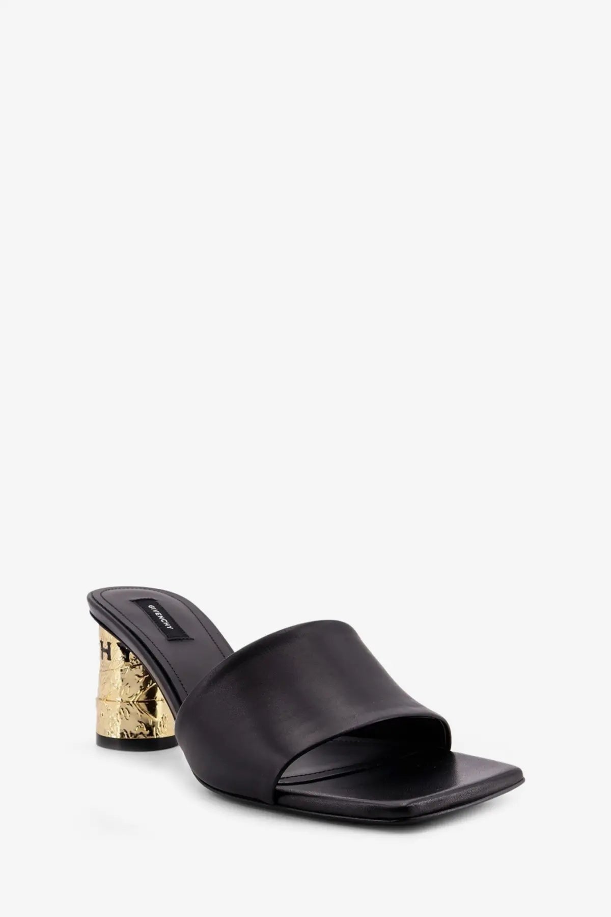 Givenchy women’s black leather mule sandal with gold-leaf textured block heel for stylish wear