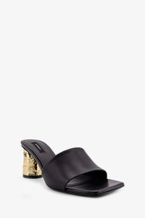 Givenchy women’s black leather mule sandal with gold-leaf textured block heel for stylish wear
