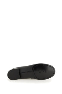 Givenchy women’s moccasin black patent leather shoe with low block heel and rounded toe shown from the back side