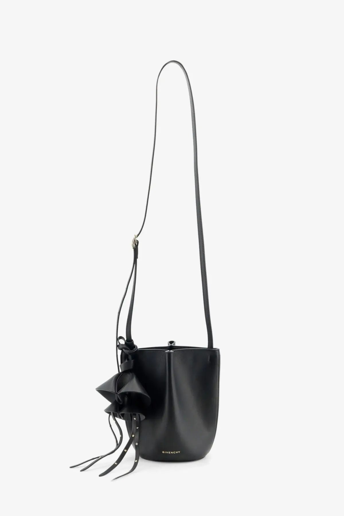 Givenchy women’s nano snap black leather crossbody bag with ruffled bow and fringed tassels bucket style
