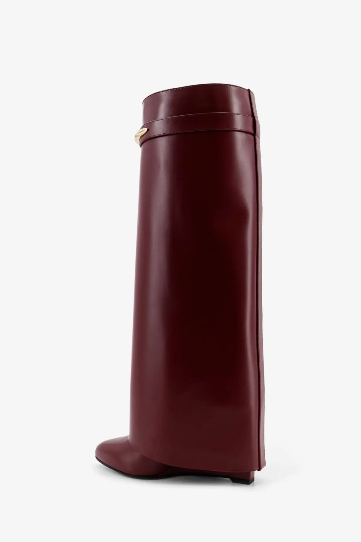 Givenchy women’s shark leather boots in burgundy with gold-tone buckle detail showcasing luxury design