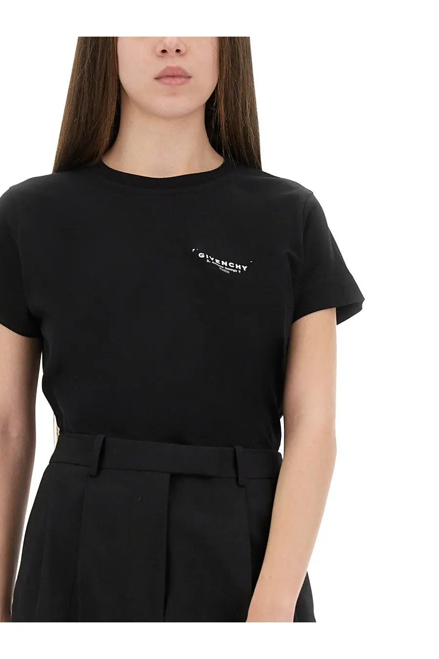 Givenchy women’s black t-shirt made of soft fabric with a subtle white logo embroidered on the left chest