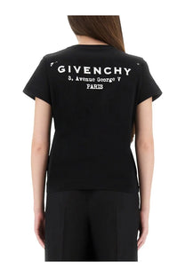 Black givenchy women’s shirt showing back with white embroidered logo and address text on cotton fabric