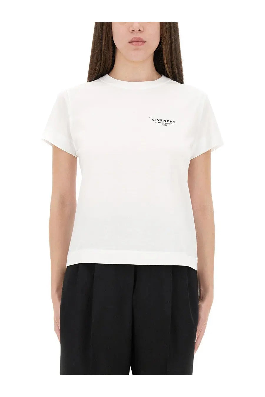 Givenchy women’s white t-shirt with a minimalist black logo on the left chest in cotton material