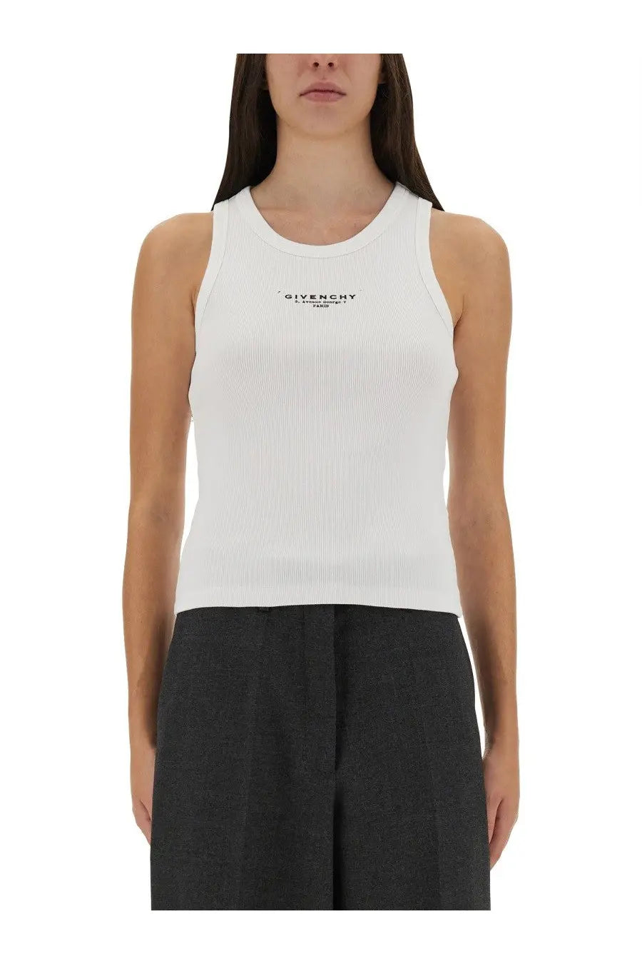 White ribbed knit givenchy women’s slim tank top with black logo embroidery for casual wear