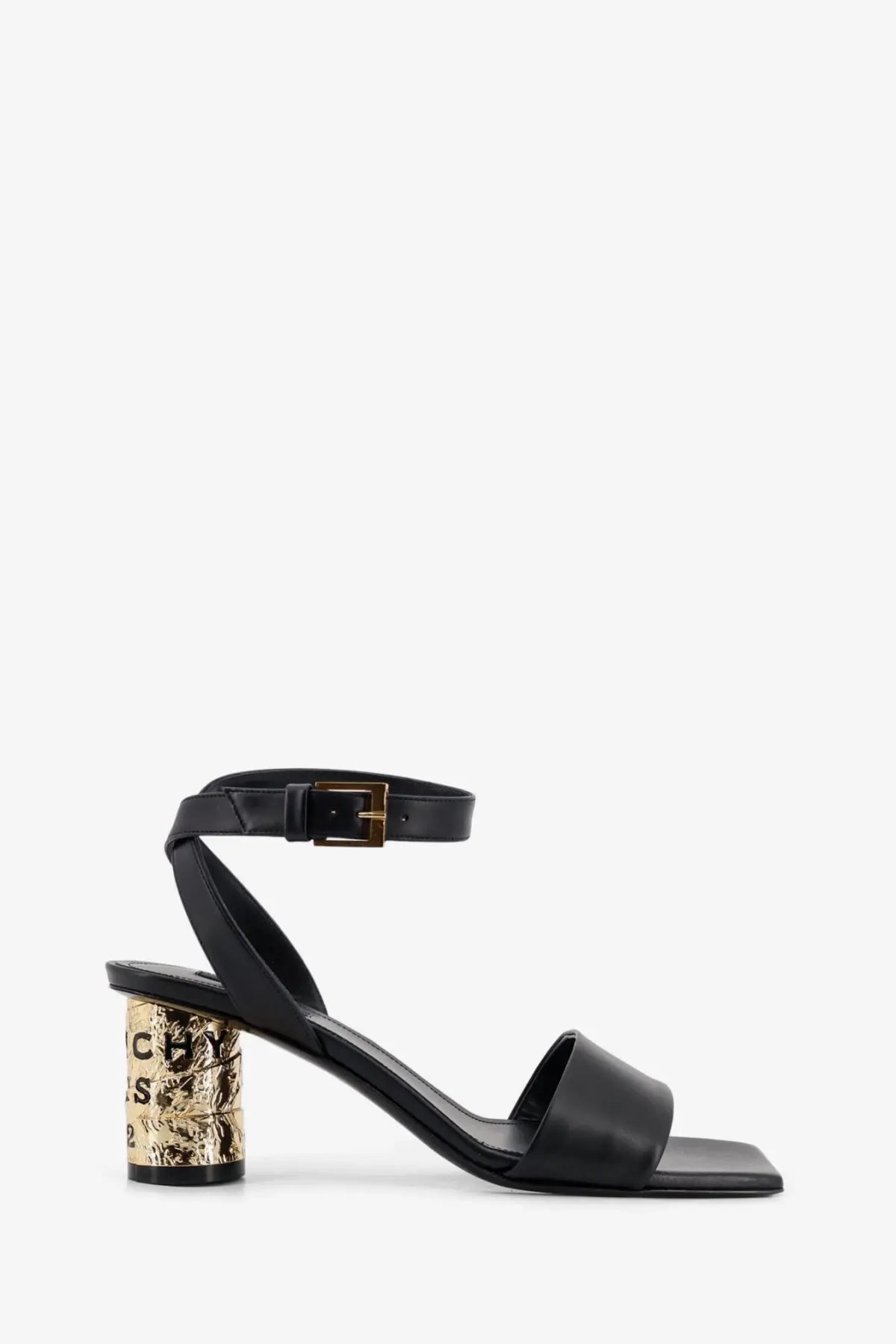 Black leather Givenchy women’s ankle-strap heeled sandals with gold-toned textured block heel and embossed lettering
