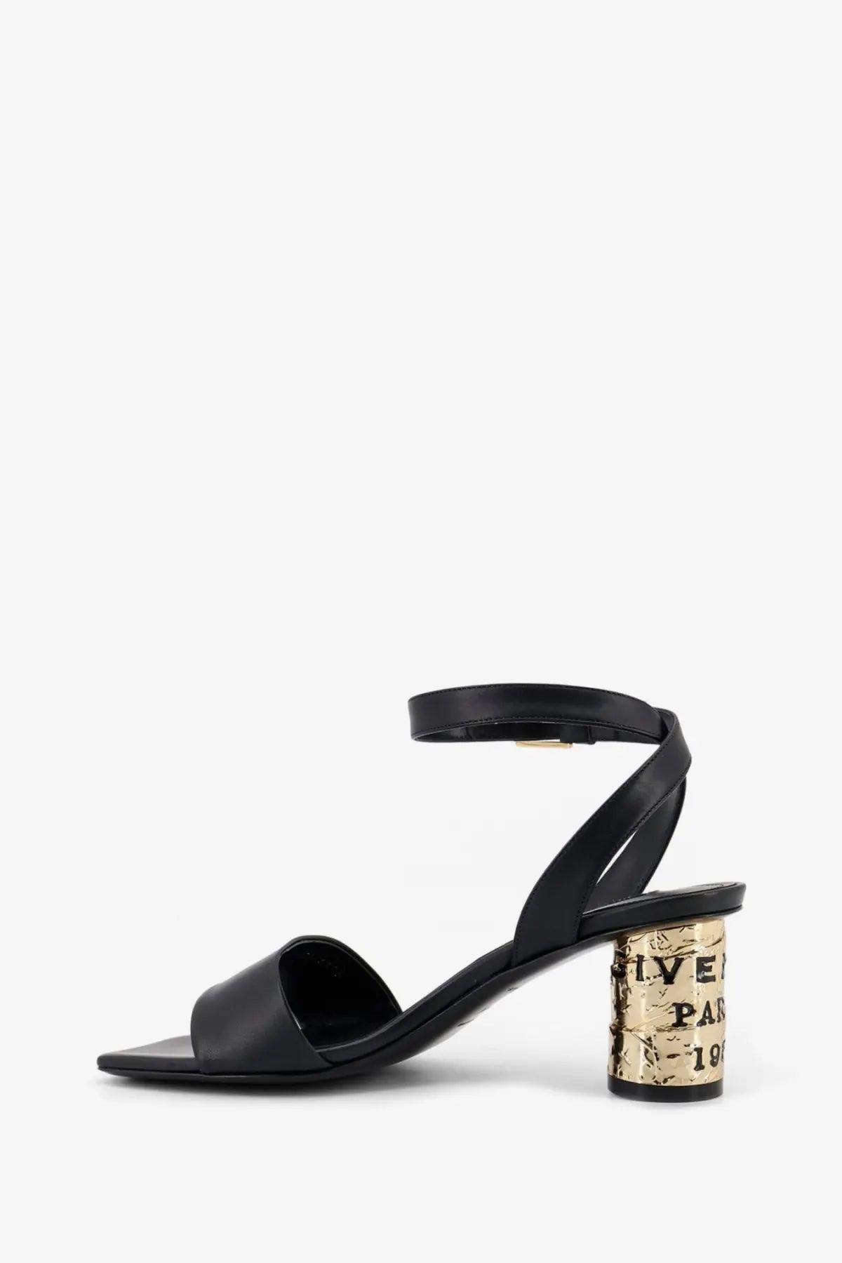 Givenchy women’s tape black leather sandal with gold-toned cork-inspired heel and givenchy paris branding