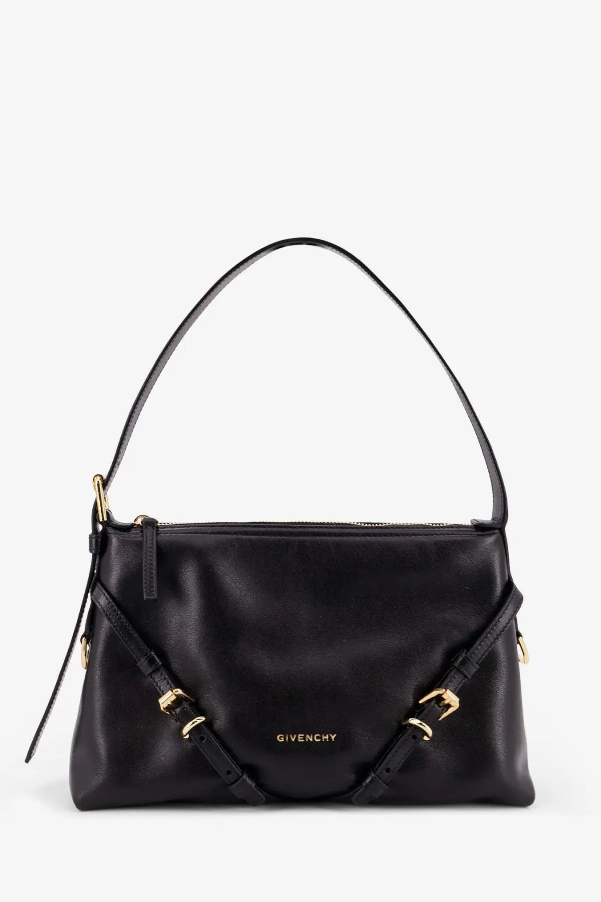 Black Givenchy women’s Voyou leather shoulder bag with gold-tone hardware and structured minimalist design