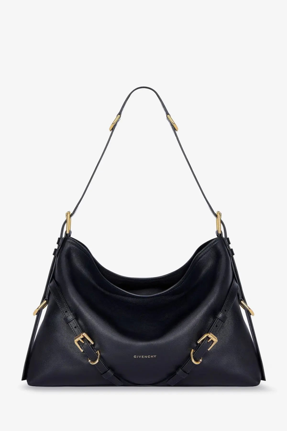 Black Givenchy women’s Voyou medium leather shoulder bag with gold-tone hardware and structured slouchy silhouette