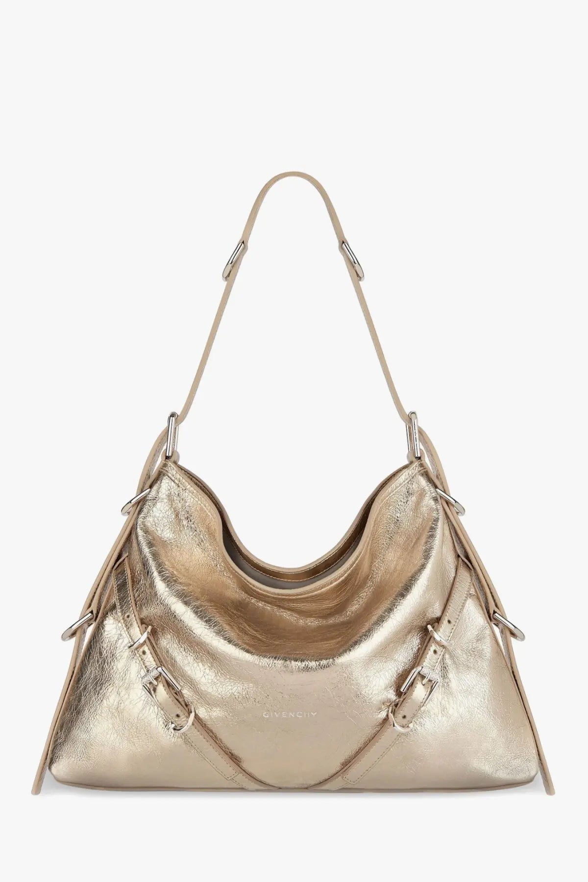 Givenchy women’s voyou metallized leather shoulder bag in metallic gold with a sleek structured design and adjustable strap
