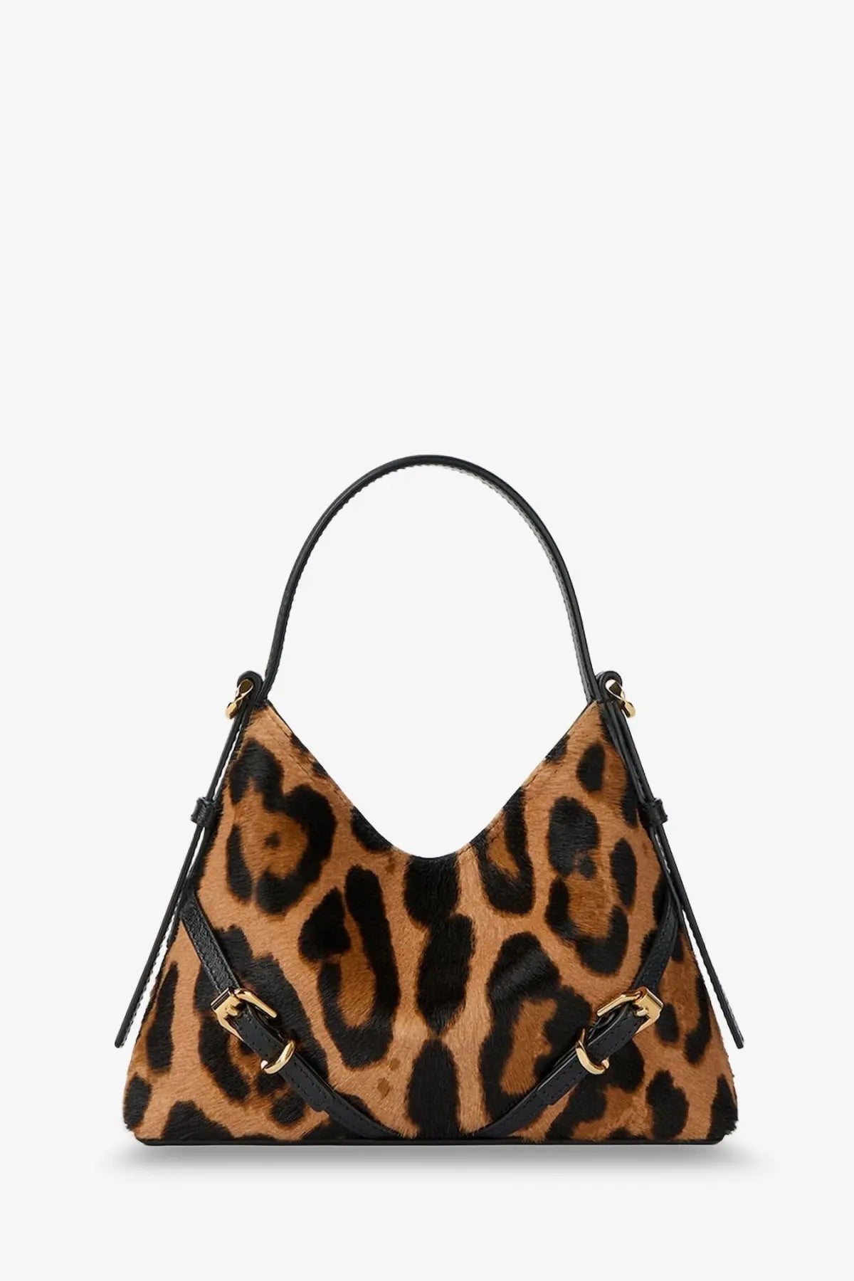A givenchy women’s voyou nano crossbody bag in leopard print pony skin with black leather straps and gold-tone buckles