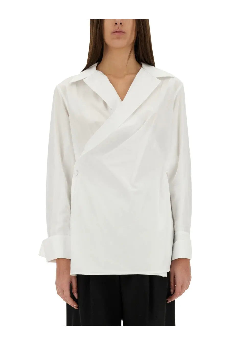 Givenchy women’s white long-sleeved blouse with draped asymmetrical collar and rolled cuffs in lightweight fabric
