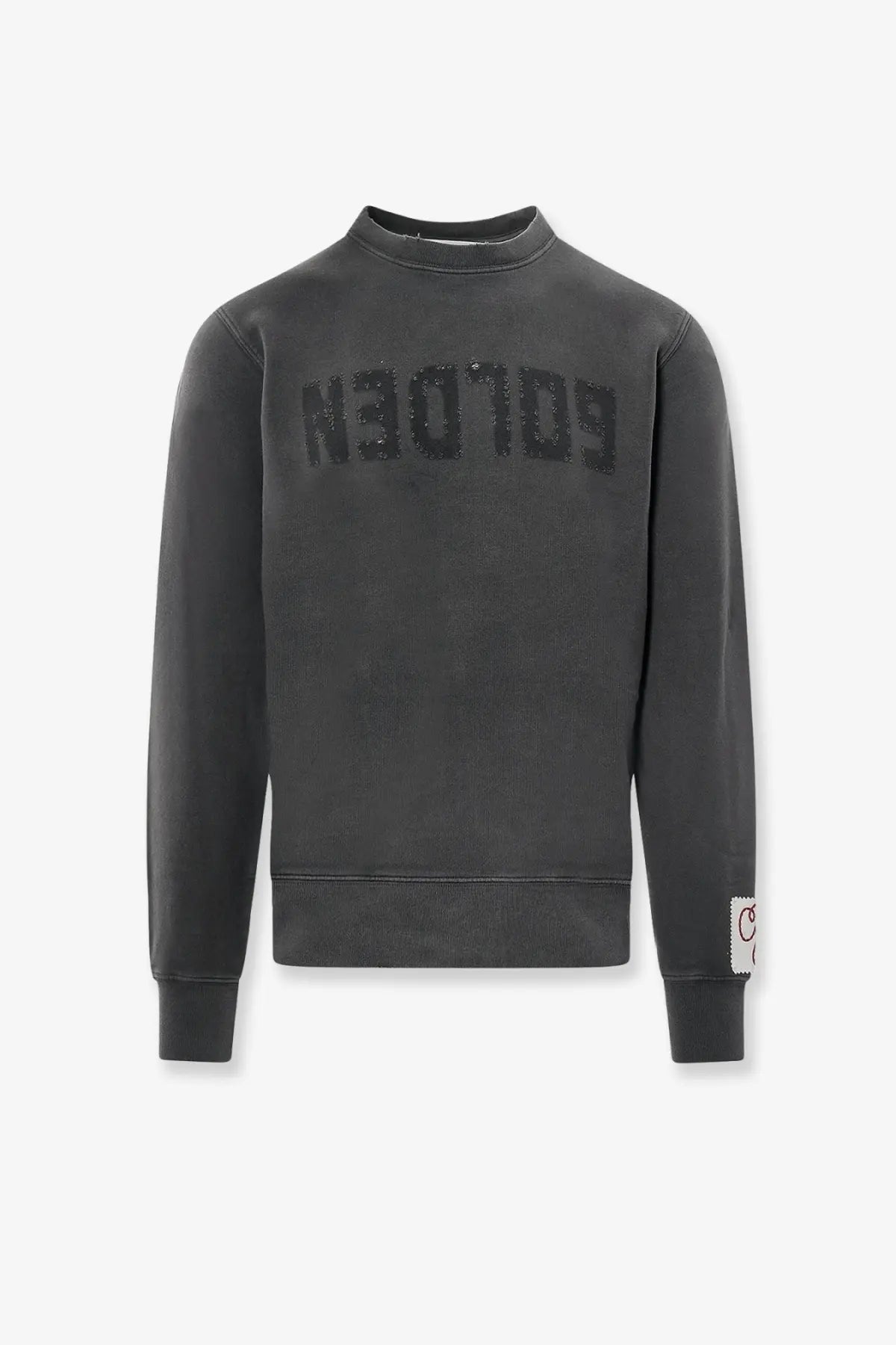 Golden goose men’s archibald distressed cotton sweatshirt grey with dark gray crewneck and golden embroidered chest text