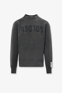 Golden goose men’s archibald distressed cotton sweatshirt grey with dark gray crewneck and golden embroidered chest text