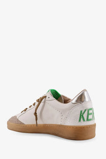 Golden Goose men’s ball star leather sneaker in white with green lettering tan laces and sole metallic silver heel tab