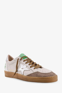 Golden Goose men’s ball star white leather sneakers with silver star patch brown suede accents and gum rubber sole