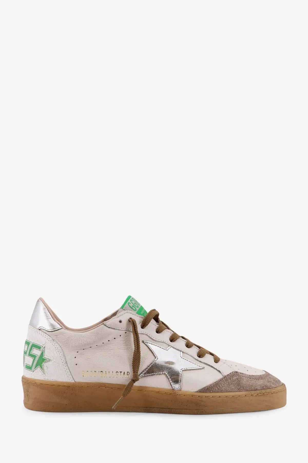 Golden Goose men’s ball star leather sneaker in white with silver star patch green branding and tan rubber sole