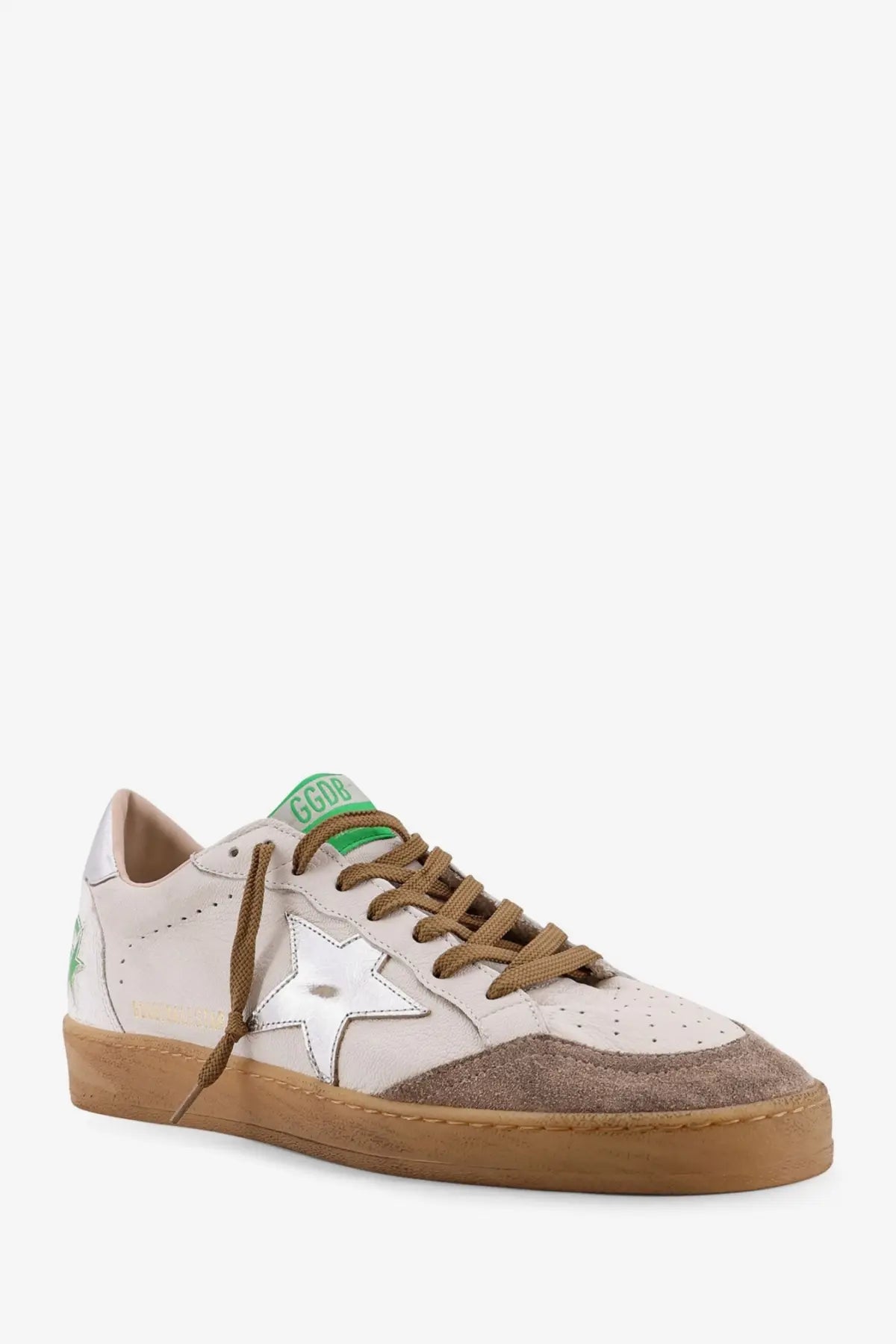 Golden Goose men’s Ball Star white leather sneaker with silver star patch brown suede toe and gum rubber sole