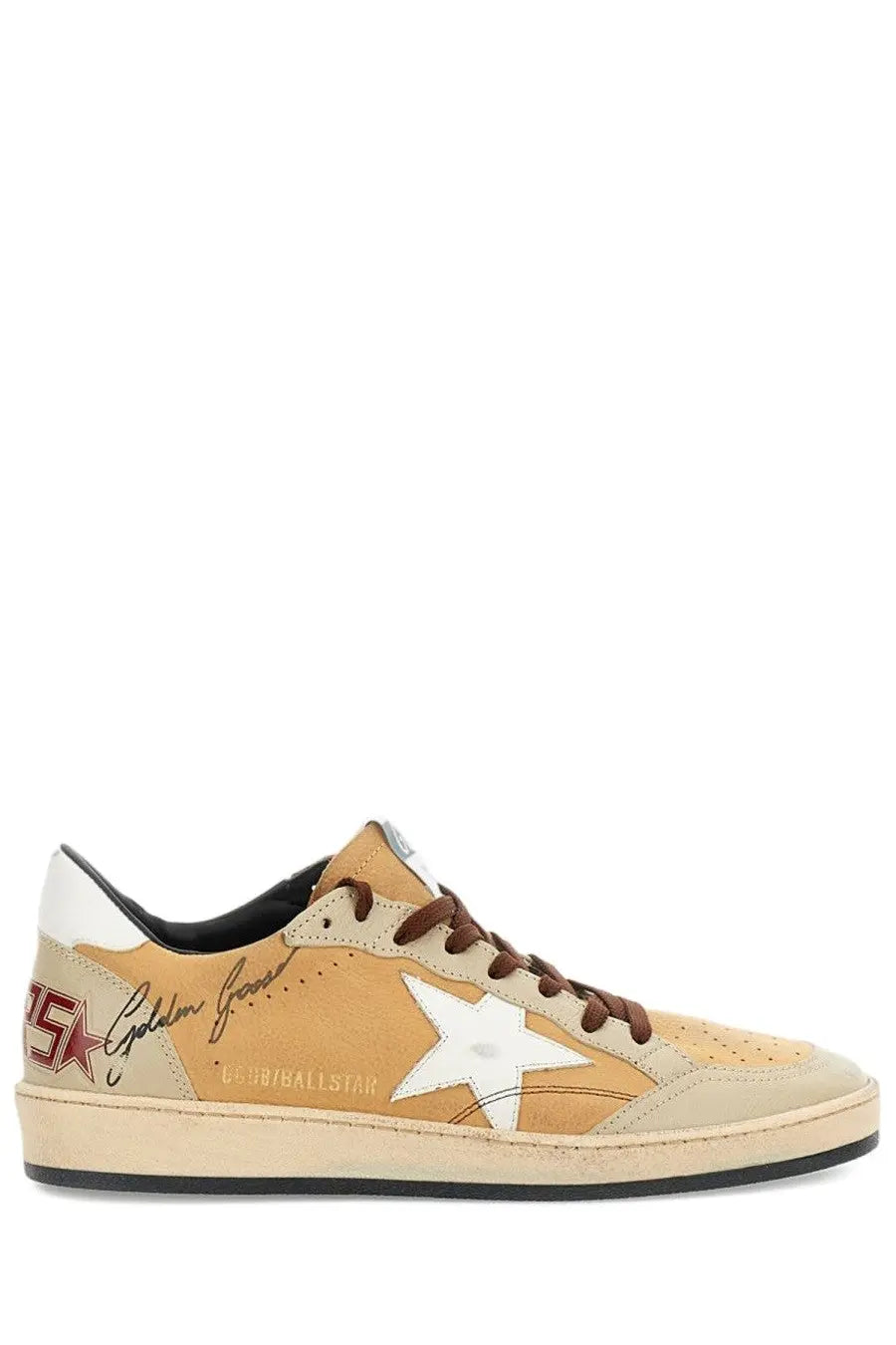 Golden Goose men’s ball star sneaker in tan suede and canvas with white star brown laces and golden good branding