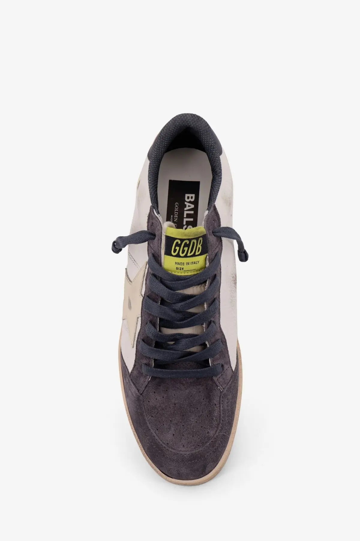 Dark gray suede and canvas high-top golden goose men’s ballstar leather sneaker with bright yellow ggdb label
