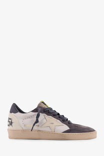 Golden Goose men’s Ballstar low-top sneaker in gray and off-white suede with star design, dark gray laces, and beige sole